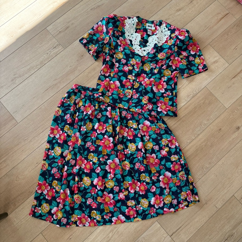 LESLIE FAY Floral Blouse & Skirt Set 14 Vintage